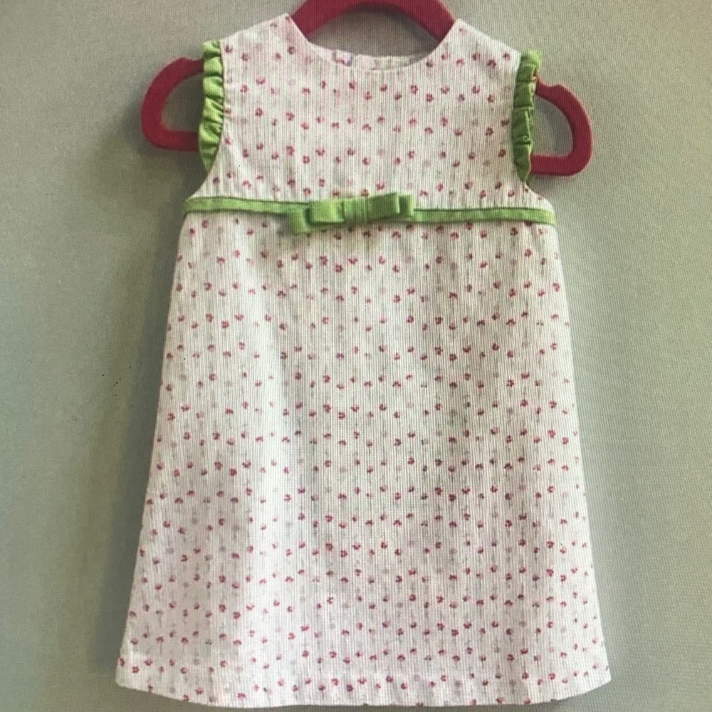 Classic White & Pink Floral A-Line Kids Dress with Green Trim
